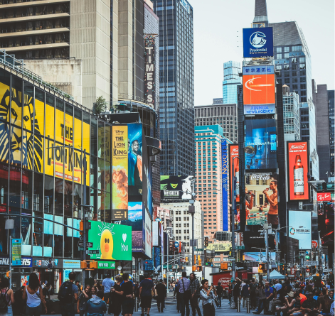 Crowded Times Square with advertising billboards