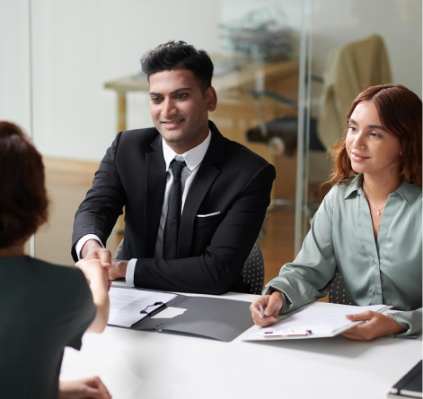 Corporate employees in HR interview discussion